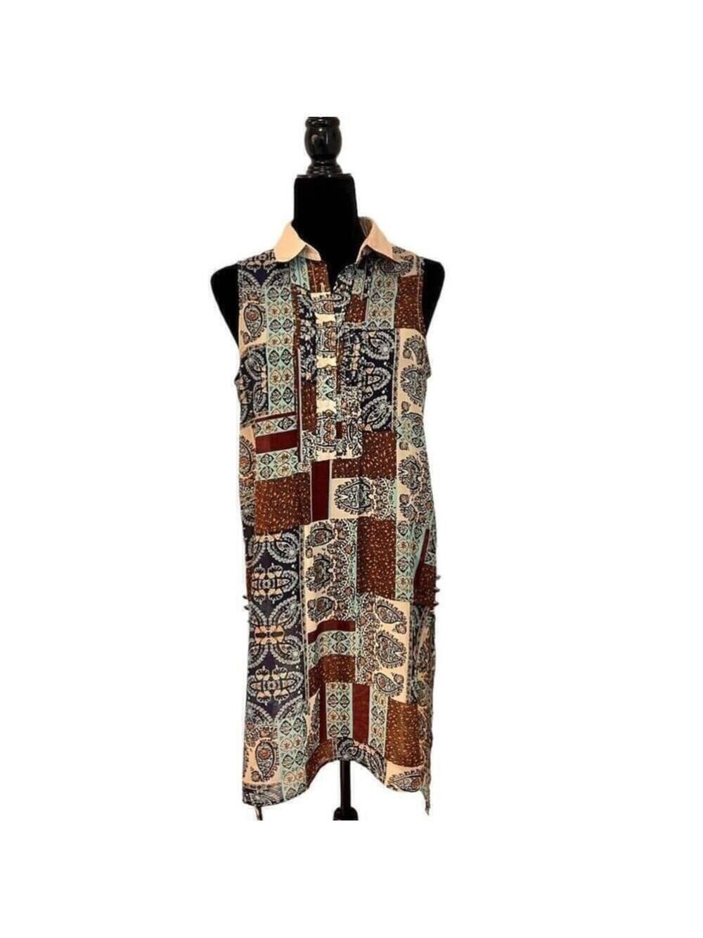 Simply Noelle Blue and Brown Sheer Patchwork Dress Size S/M
